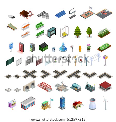 Modern city infrastructure isometric elements set of map constructor arcades buildings streets bridges and utilities isolated vector illustration 