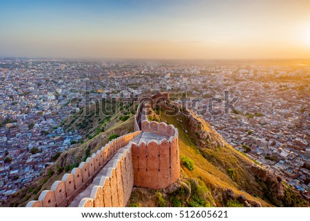 Aerial view of Jaipur from Nahargarh Fort at sunset Royalty-Free Stock Photo #512605621