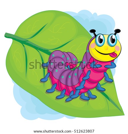 Little cute cartoon caterpillar on a leaf. Bright vector illustration for children