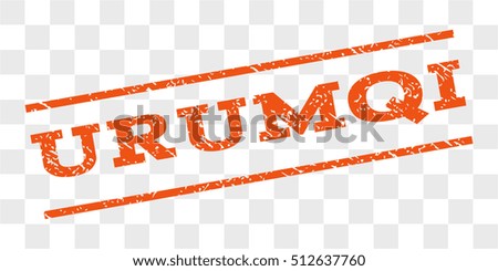 Urumqi watermark stamp. Text tag between parallel lines with grunge design style. Rubber seal stamp with dust texture. Vector orange color ink imprint on a chess transparent background.