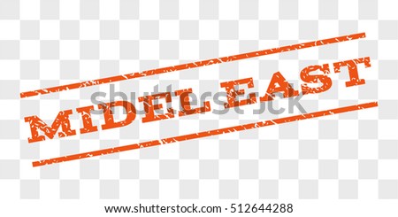 Midel East watermark stamp. Text tag between parallel lines with grunge design style. Rubber seal stamp with scratched texture. Vector orange color ink imprint on a chess transparent background.