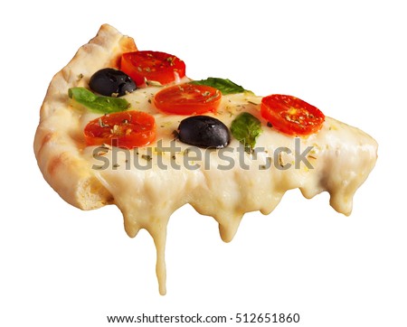 A hot pizza slice with dripping melted cheese. Isolated on white. Royalty-Free Stock Photo #512651860