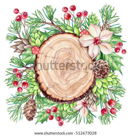 watercolor illustration, decorated wood slice, holiday banner, Christmas rustic background, blank board, isolated on white background