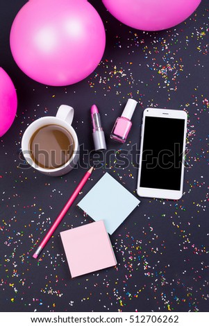 Girly cute concept with smart phone, coffee and makeup. Top view angle, copy space, conceptual.
