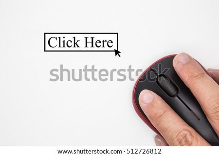 A red-grey wireless mouse, a device or input for PC. It connects to computer with wireless communication. This mouse has 2 button and 1 wheel. A picture has cursor on click here and white background.