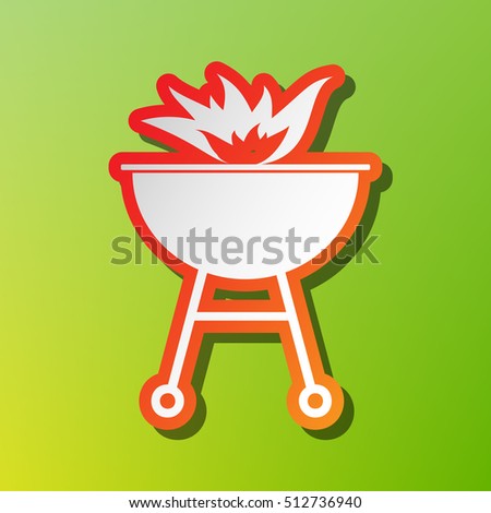 Barbecue with fire sign. Contrast icon with reddish stroke on green backgound.
