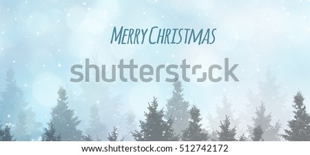                                Winter background silhouettes of christmas trees with snow and Merry Christmas words