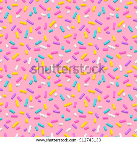 Seamless pattern of pink donut glaze with many decorative sprinkles. Easy to change colors. Pattern design for banner, poster, flyer, card, postcard, cover, brochure. Royalty-Free Stock Photo #512745133