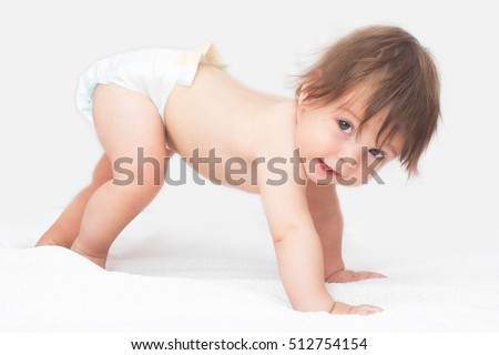 Bright picture of crawling baby girl in diaper