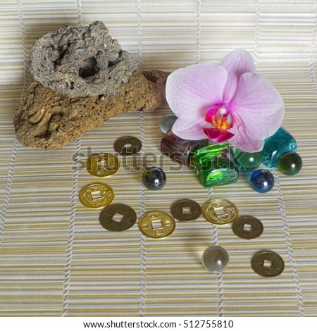 Background for the spa and fengshui.Orchid, glass balls, volcanic rocks and sign feng shui of the coins. 