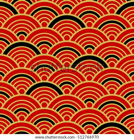 Red Gold Black Traditional Wave Japanese Chinese Seigaiha Pattern Background Vector Illustration