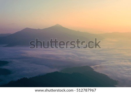 Landscape photo, blue mountain silhouette sunrise in Thailand