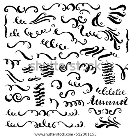 Set of vector hand drawn decorative elements. Curves, brush strokes, curls, swashes, flourishes for text and page design.