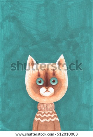 Marker illustration. Cartoon cat in pullover on blue background.
