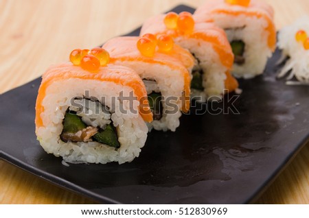 Japanese food restaurant, sushi maki roll plate, platter set.  Set maki roll with chopstick