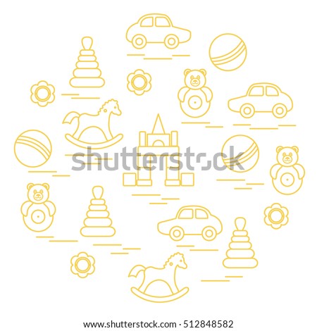 Vector illustration kids elements arranged in a circle: car, pyramid, roly-poly, ball, cubes, rocking horse, rattle. Design element for postcard, banner, flyer, poster or print. 