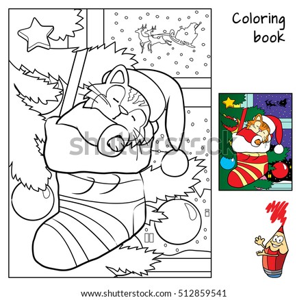 Cute little cat sleeping in Christmas socks near Christmas tree. Coloring book. Cartoon vector illustration Royalty-Free Stock Photo #512859541