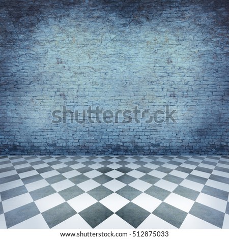 Vintage Wall Interior Background  | Blue Castle ruined rustic wall and checked floor
