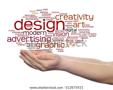 Concept conceptual creativity art graphic design visual word cloud in hand  isolated on background metaphor to advertising, decorative, fashion, identity, inspiration, vision, perspective or modeling