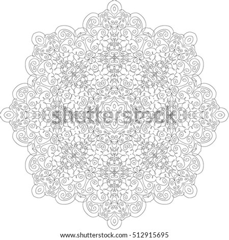 Lacy hand drawn hexagon pattern. Adult coloring book page. Mandala ornament made of calligraphic swirls. Delicate snowflake