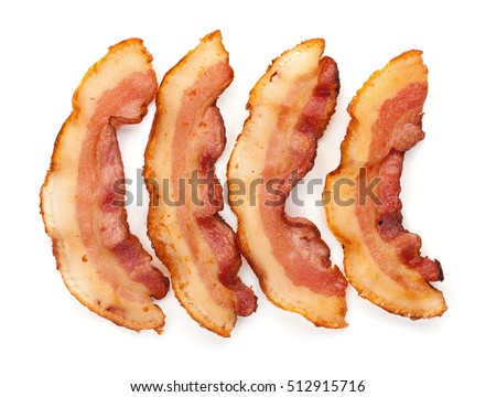 Set of 3 cooked slices of bacon isolated on white background top view close up Royalty-Free Stock Photo #512915716
