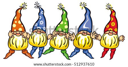 Cute gnomes in colorful caps. Funny characters for decorations, greetings cards and other design artworks. Raster clip art.