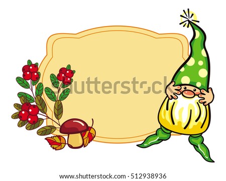 Cute gnome is hunting mushrooms. Raster clip art with free space for text.