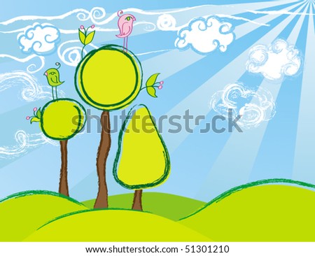 cartoon birds sitting on spring trees