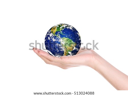 Hands holding globe isolated on white background. Elements of this image furnished by NASA. Safe and healing world concept.