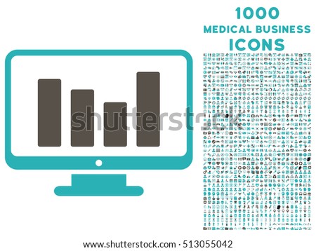 Bar Chart Monitoring vector bicolor icon with 1000 medical business icons. Set style is flat pictograms, grey and cyan colors, white background.