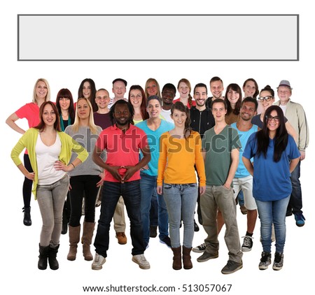 Group of young smiling people searching empty blank search bar internet isolated on a white background