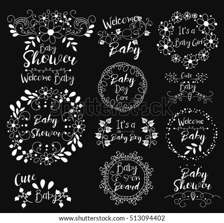 Baby Shower.Cute.Welcome.It s a Girl. On Board. Insignias logotypes, badges, stickers, stamps, icons, frames, card design set. White monograms black background. Doodle vector vintage elements.