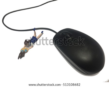 Woman is falling down with her coffee by mouse wire. Don't give up.