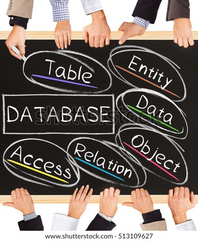 Photo of business hands holding blackboard and writing DATABASE concept