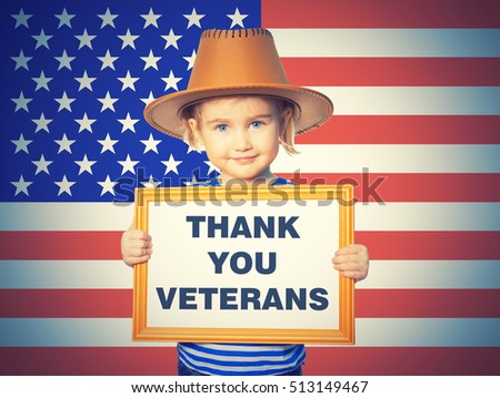 Little Funny girl in striped shirt with blackboard. Text THANK YOU VETERANS.On background of  American flag