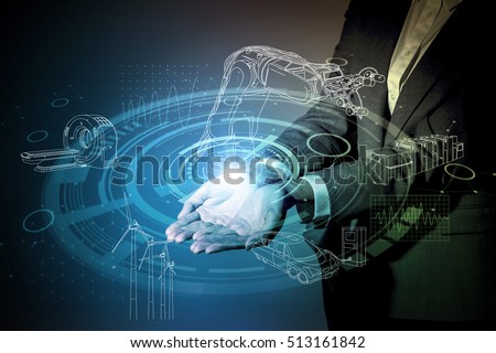 robot and industrial technology abstract, a woman holding her hand, industry4.0 Royalty-Free Stock Photo #513161842