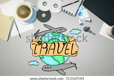 Top view of messy office desktop with creative globe and airplanes sketch, coffee cup, chess figures, supplies and other items. Travel concept. 3D Rendering