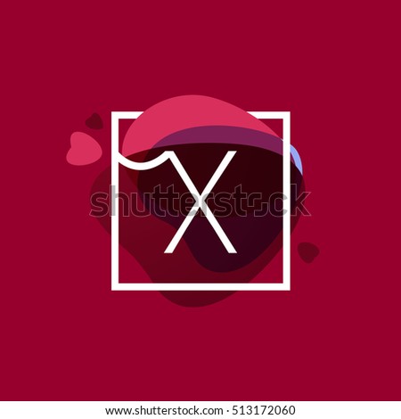 X letter logo in square frame at watercolor background with hearts. Happy Valentines Day design elements.