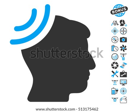 Radio Reception Brain icon with bonus nanocopter service clip art. Vector illustration style is flat iconic blue and gray symbols on white background.