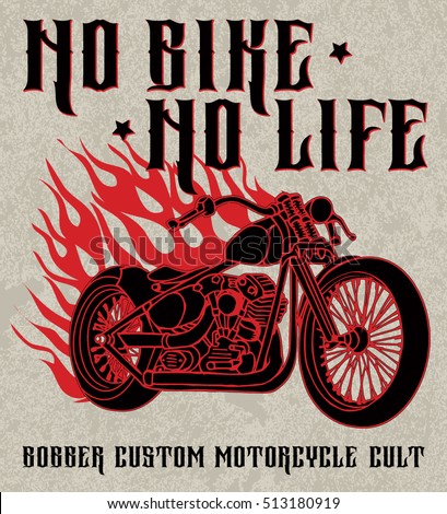 "No bike no life" - quote vector doodle. Hand drawn classic bobber bike in ink style. Retro motorbike illustration on grunge background. Custom motorcycle logo. Biker club sign. Garage label.