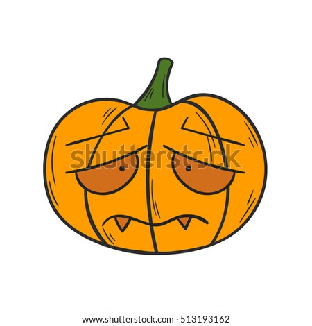 Vector illustration with cartoon hand drawn orange Halloween Pumpkin with scary or funny carving face. Isolated Halloween Pumpkin icon or background. Trick or treat concept