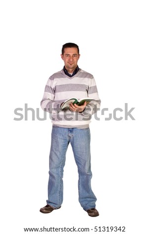 Casual Man Reading a Book Standing Up - Isolated Background