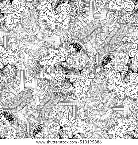 Tracery seamless calming pattern. Mehndi design. Ethnic monochrome binary doodle texture. Curved doodling black and white background. Vector.