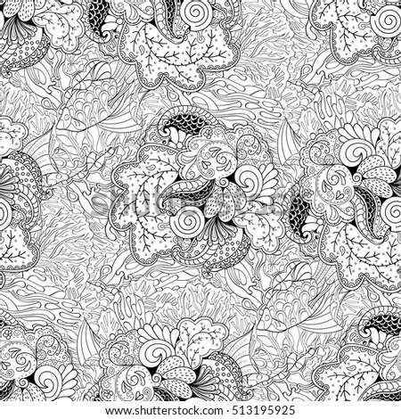 Tracery seamless calming pattern. Mehndi design. Ethnic monochrome binary doodle texture. Curved doodling black and white background. Vector.