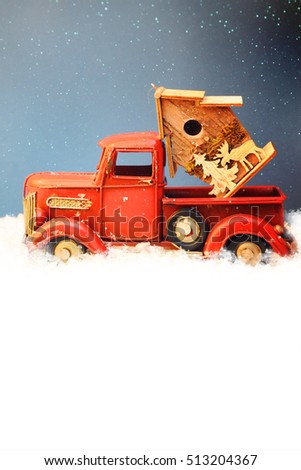Red Truck With Christmas Decoration, Family Holiday