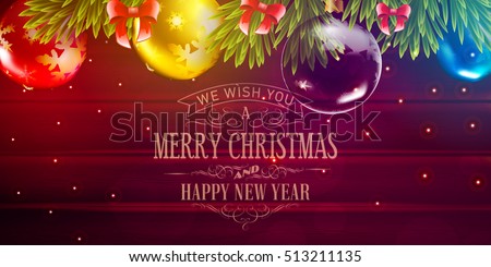 Christmas vector background with fir tree branch color bulbs for winter New 2017 Year holidays celebration illustration flyer and postcard design.