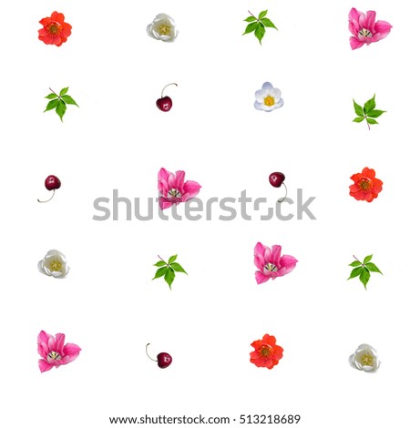Seamless floral pattern with summer flowers and cherries