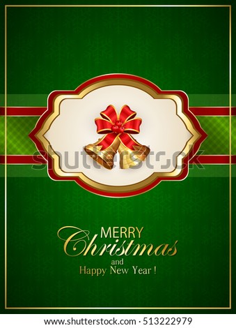 Card with golden Christmas bells and red bow on green background with snowflakes, holiday decoration with inscriptions Merry Christmas and Happy New Year, illustration.