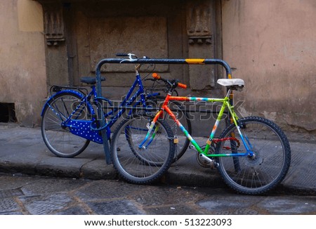 Barcelona street view with colorful bicycles. Modern city of Spain. Old house and bicycles on walking street. Landscape of Barcelona street life. Tourism and sightseeing in Europe photo background