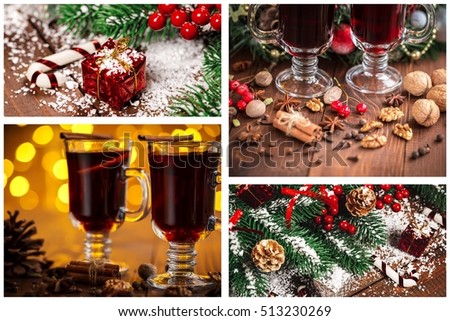 Christmas collage with photos of spruce, champagne, mulled wine, bokeh and decorations